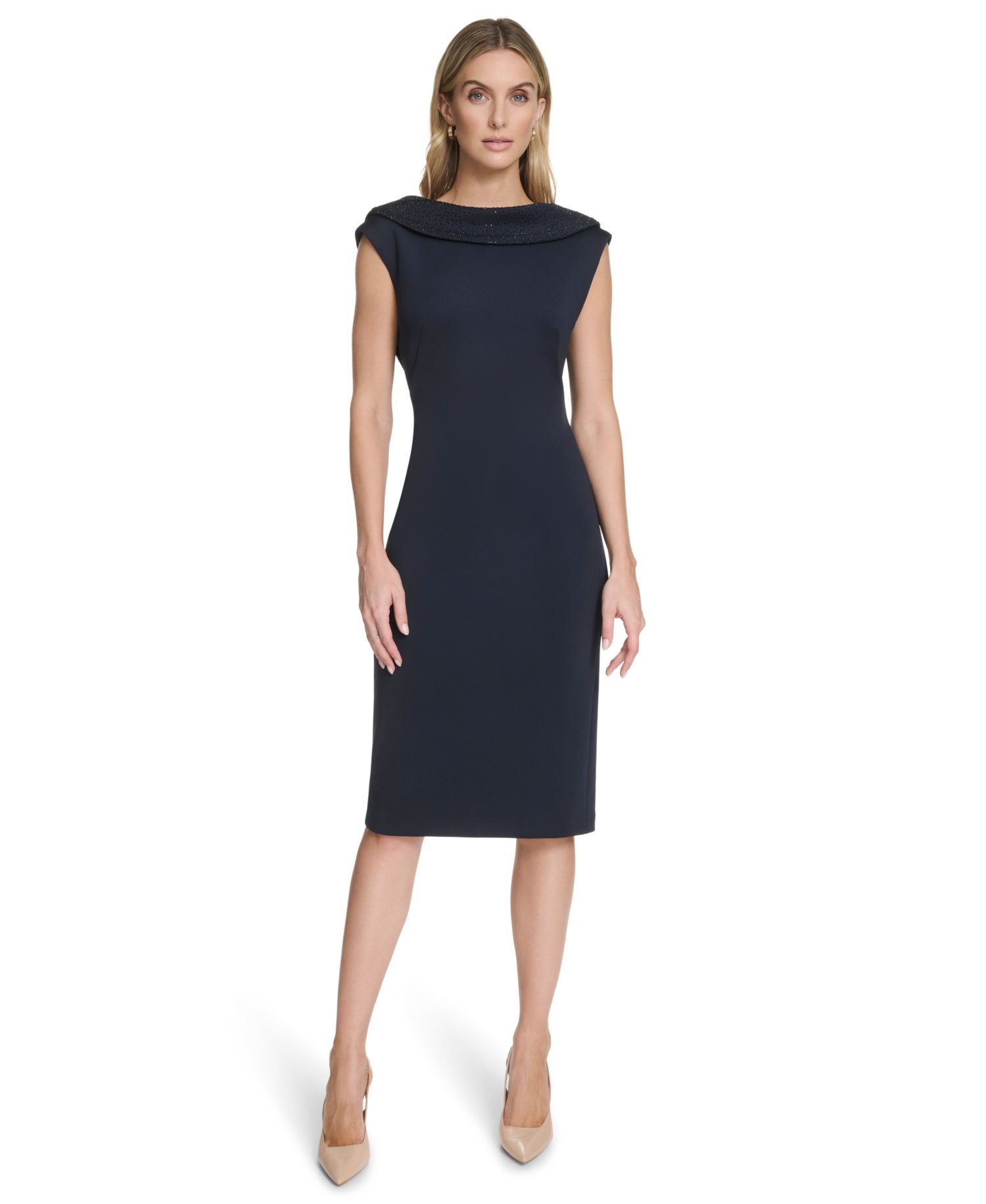 Women's Boat Neck Cowl Back Rhinestone-Embellished Sheath Dress