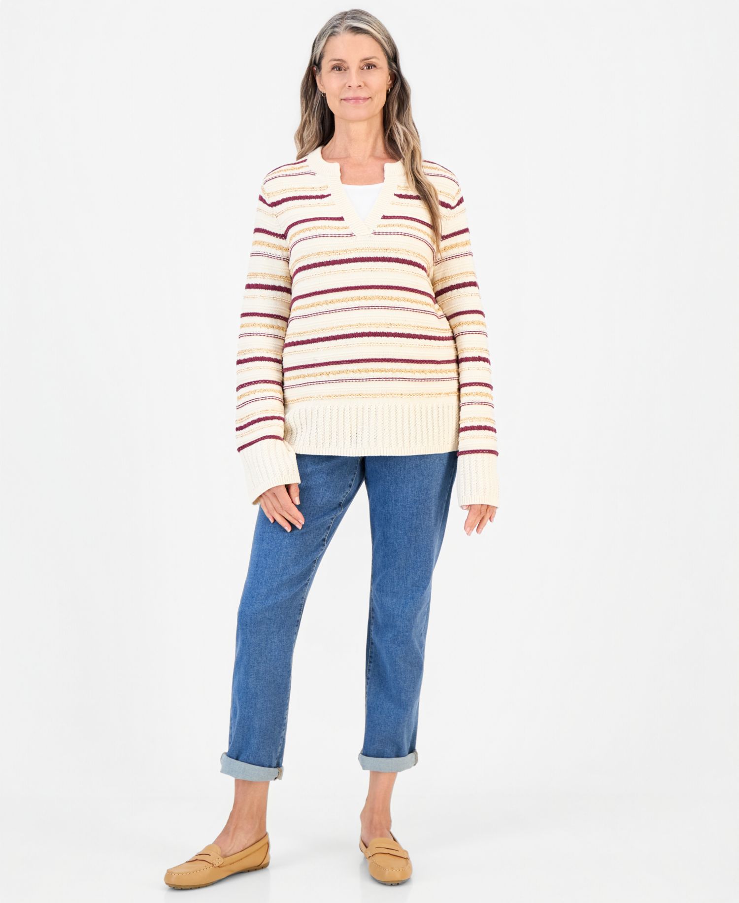 Women's Sequin Split-Neck Striped Sweater