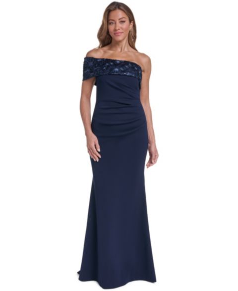 Женское платье Eliza J Off-the-Shoulder Side-Tuck Long, цвет: Тёмно-синий