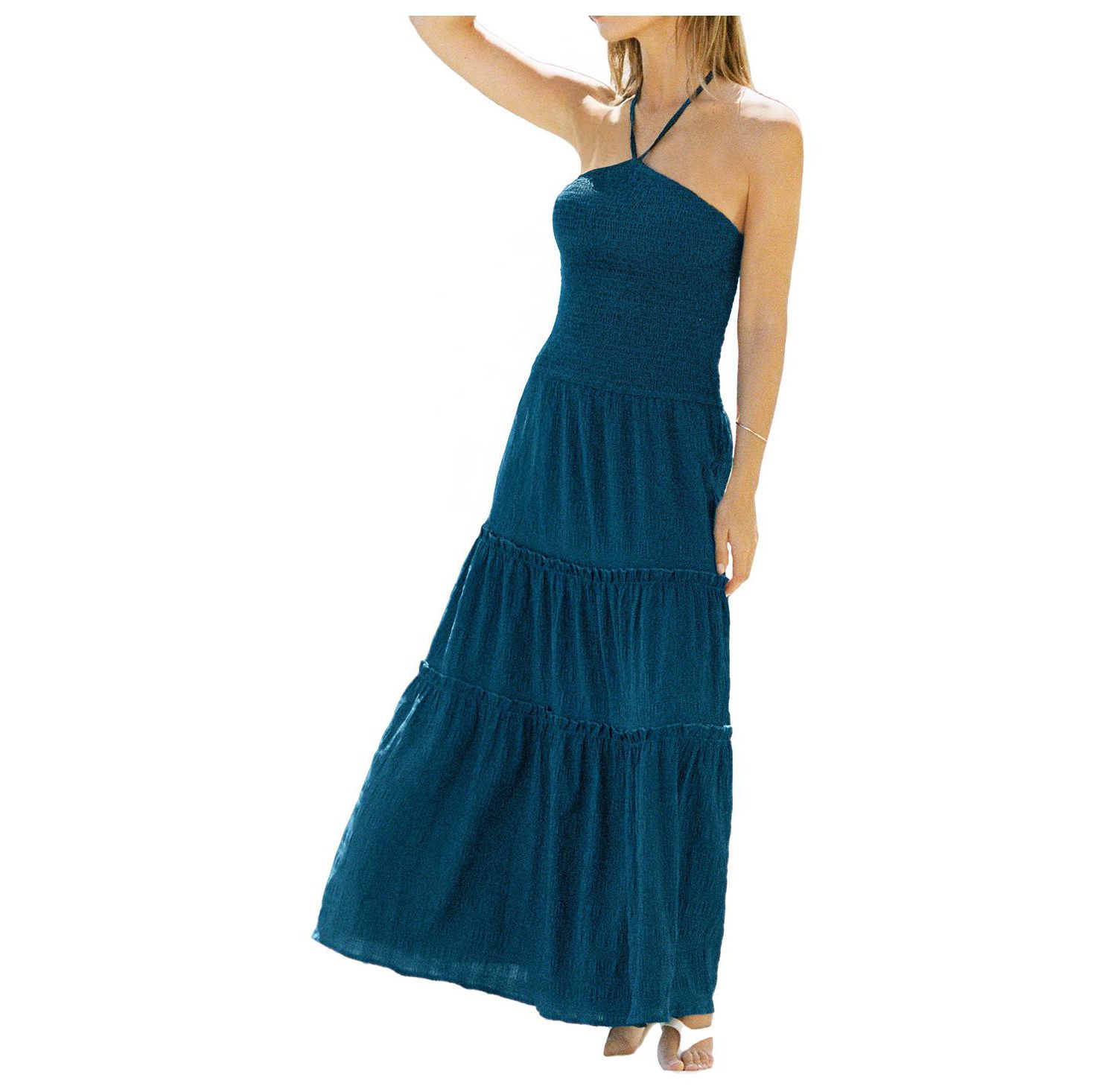 Women's Tahiti Beach Halter Smocked-Bodice Maxi Dress