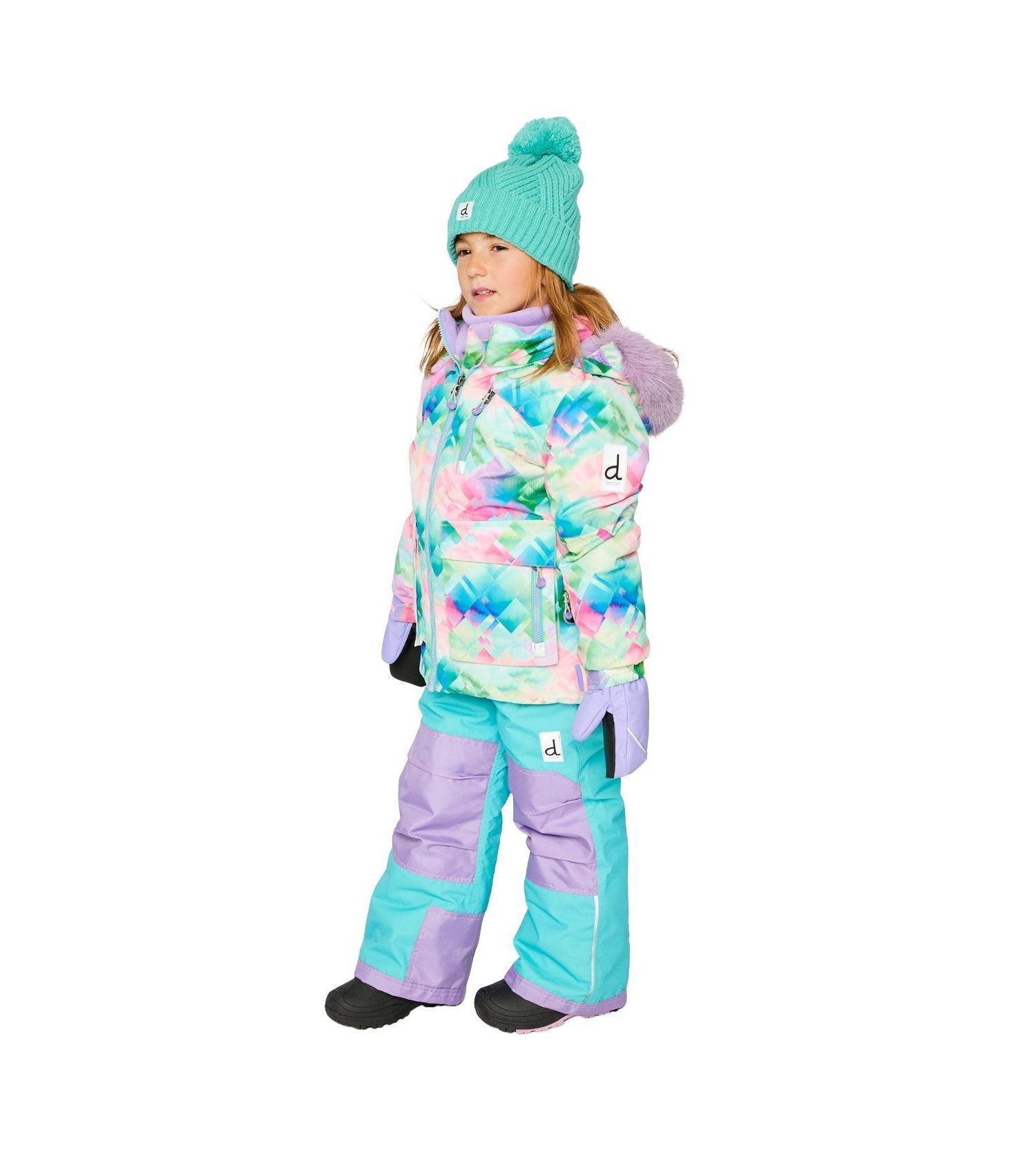 Big Girls Girl(6-14) Two Piece Play Snowsuit Multicolored with A Diamond Pattern with Turquoise and Purple Pants