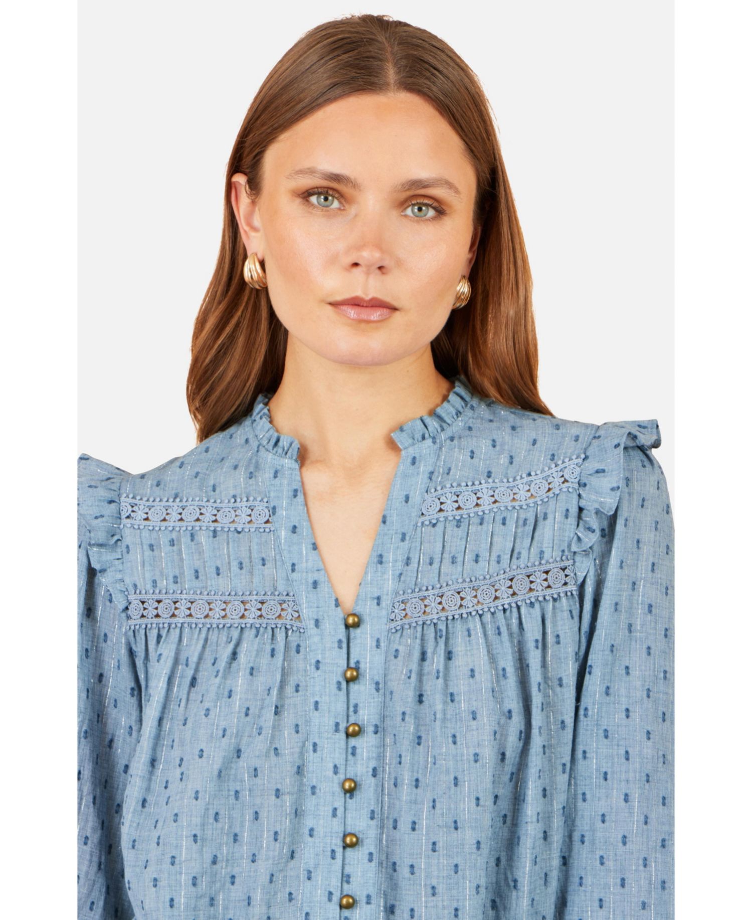 Women's Long-Sleeve Mandarin Collar Lace Detail Blouse