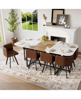 9-Piece Square Faux Marble Dining Set with 8 Suede Chairs