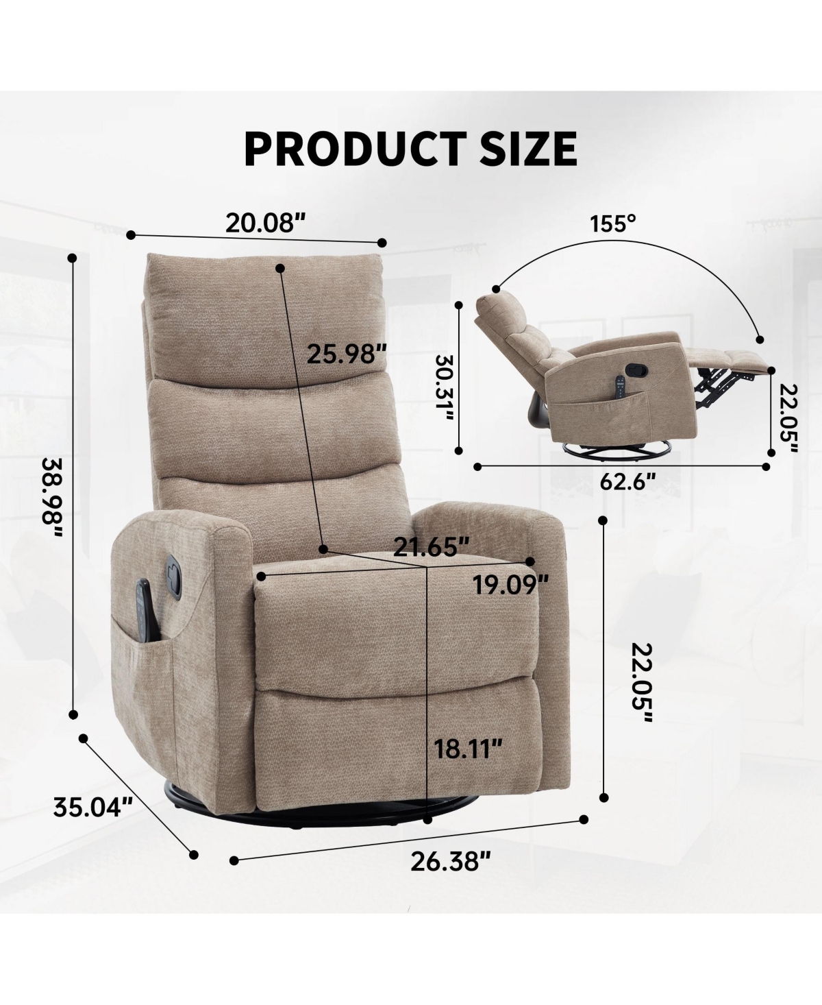 Boyel Living Chenille Manual Recliner Chair Rocker Swivel with Heat and Massage for Room