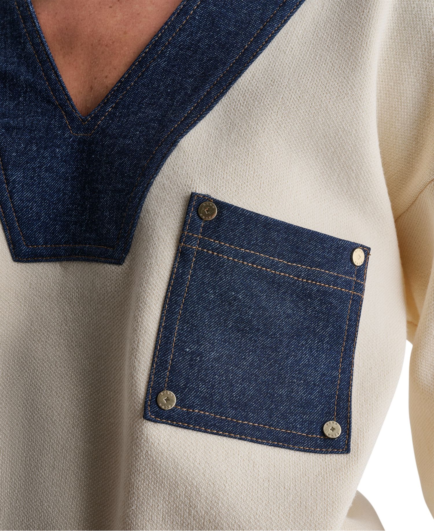 Women's Denim Trim Oversized Collared V-Neck Sweater