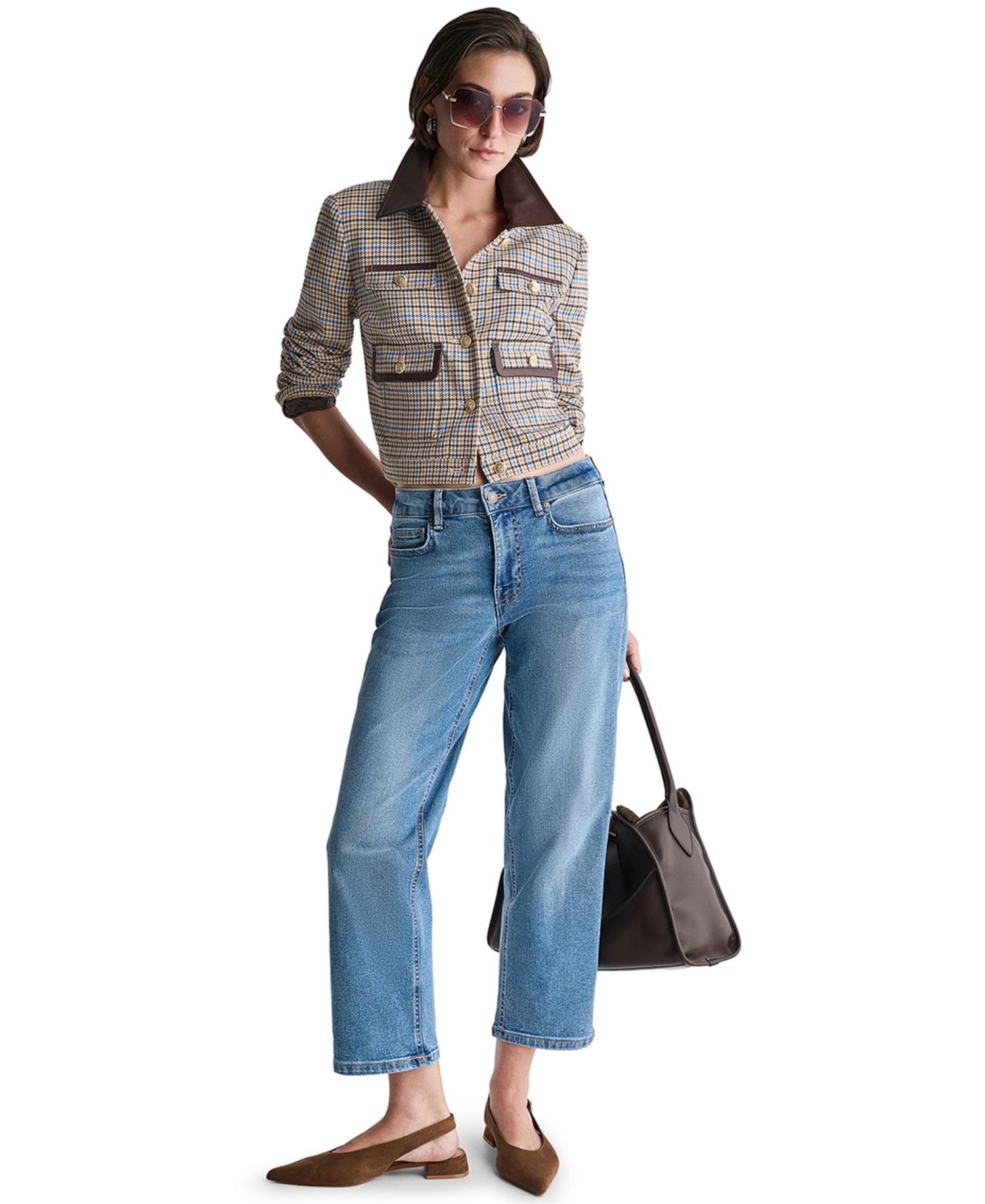 Women's Cropped Collared Plaid Trucker Jacket