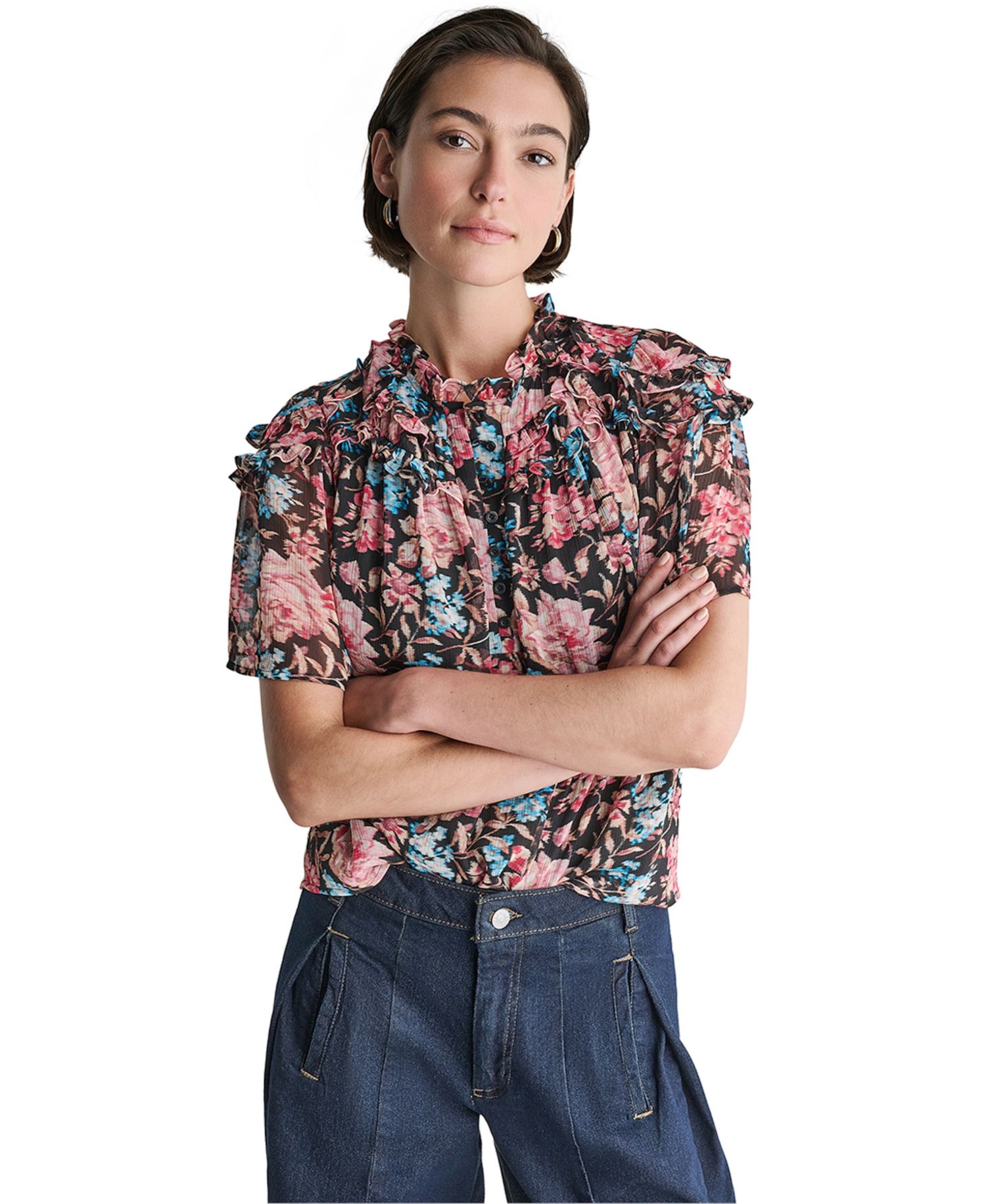Women's Floral Sheer Ruffle-Detail Blouse