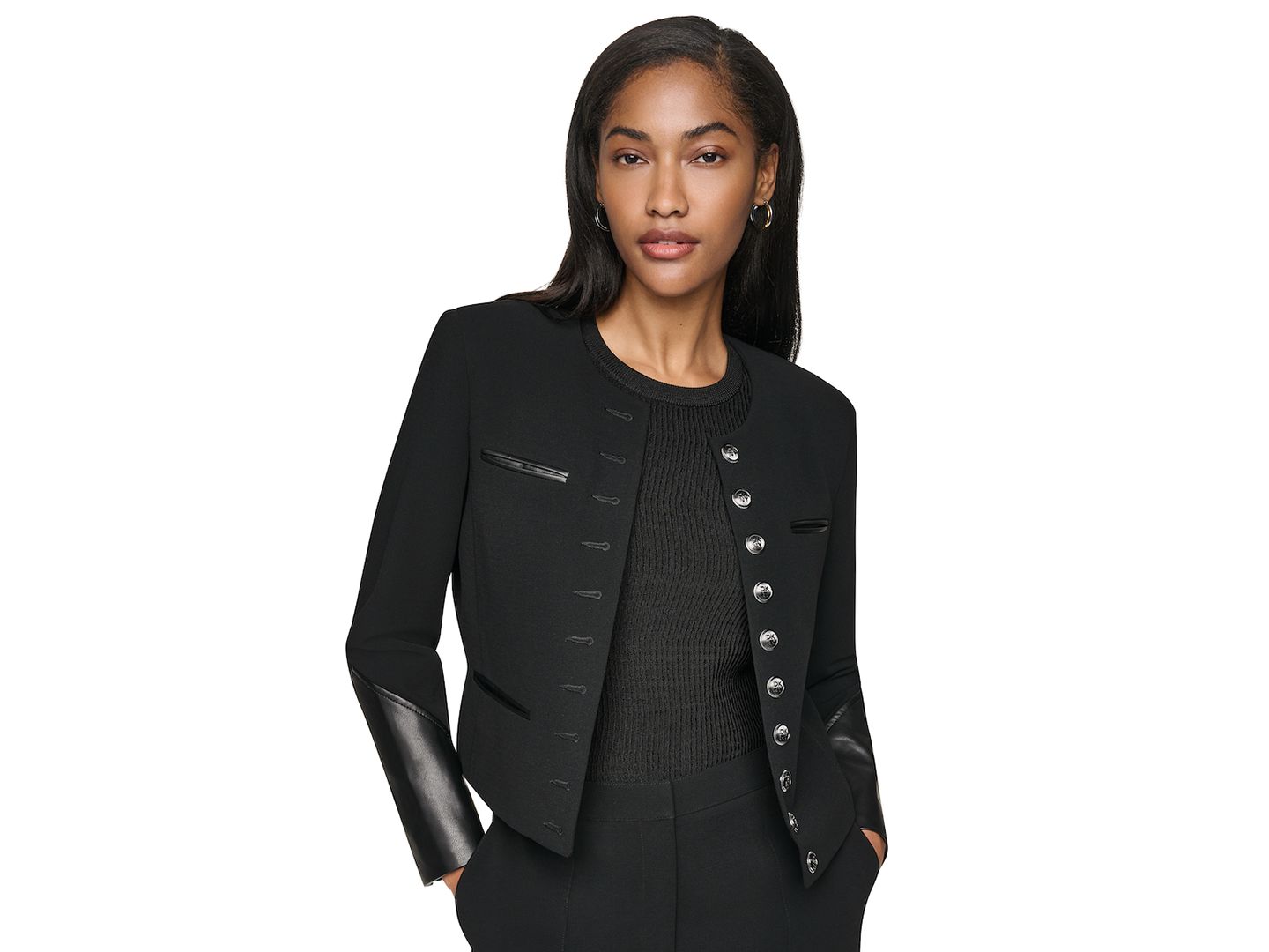 Женская куртка DKNY Cropped Collarless Long-Sleeve Jacket, цвет: Чёрный — фото 1