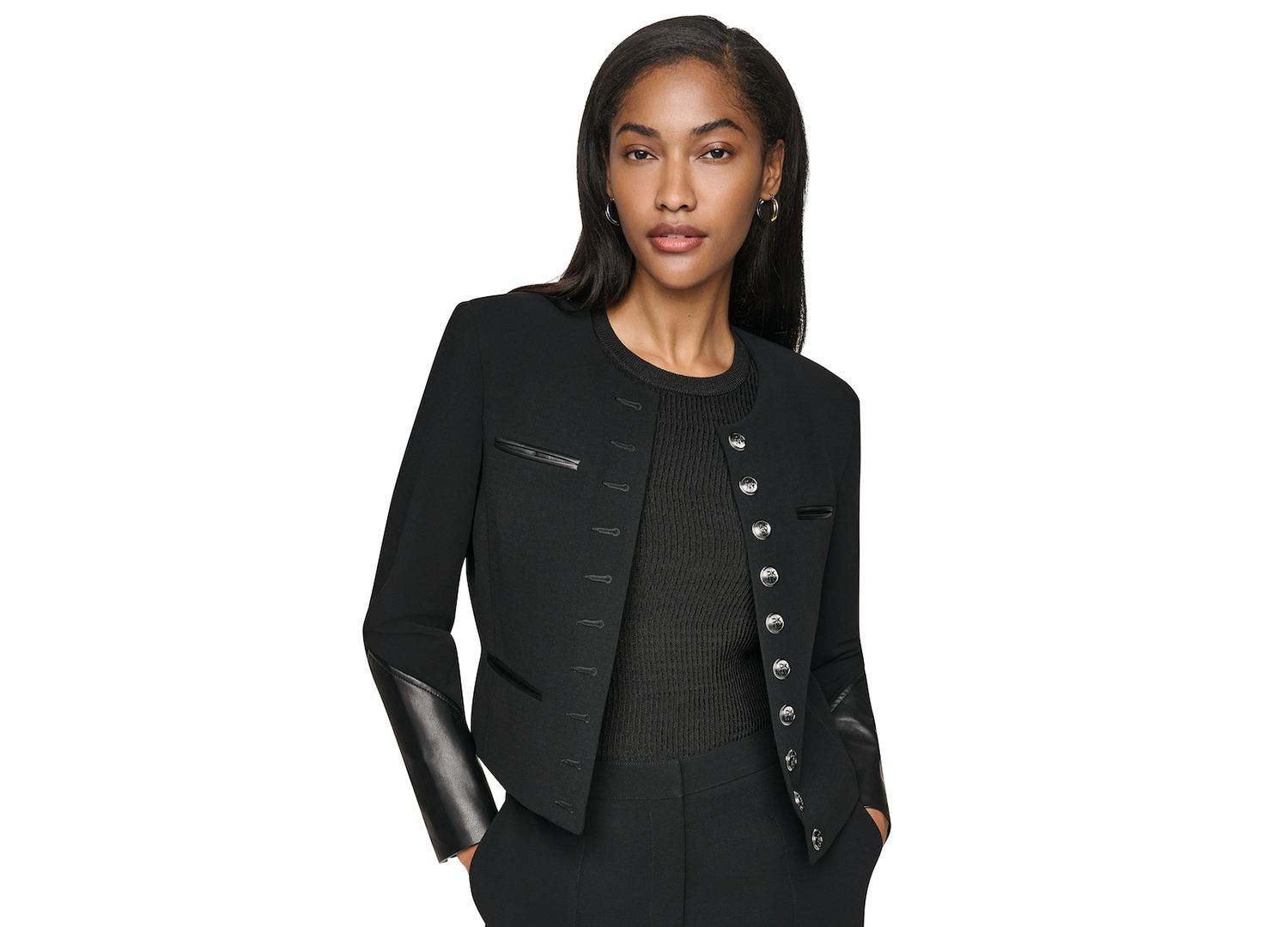 Women's Cropped Collarless Long-Sleeve Jacket