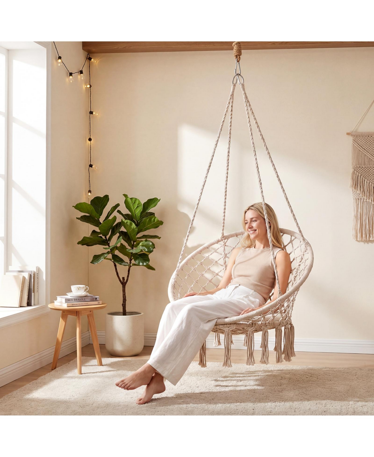 Costway Swing Chair, Hammock Chair with Round Seat Cushion, Indoor and Outdoor Boho