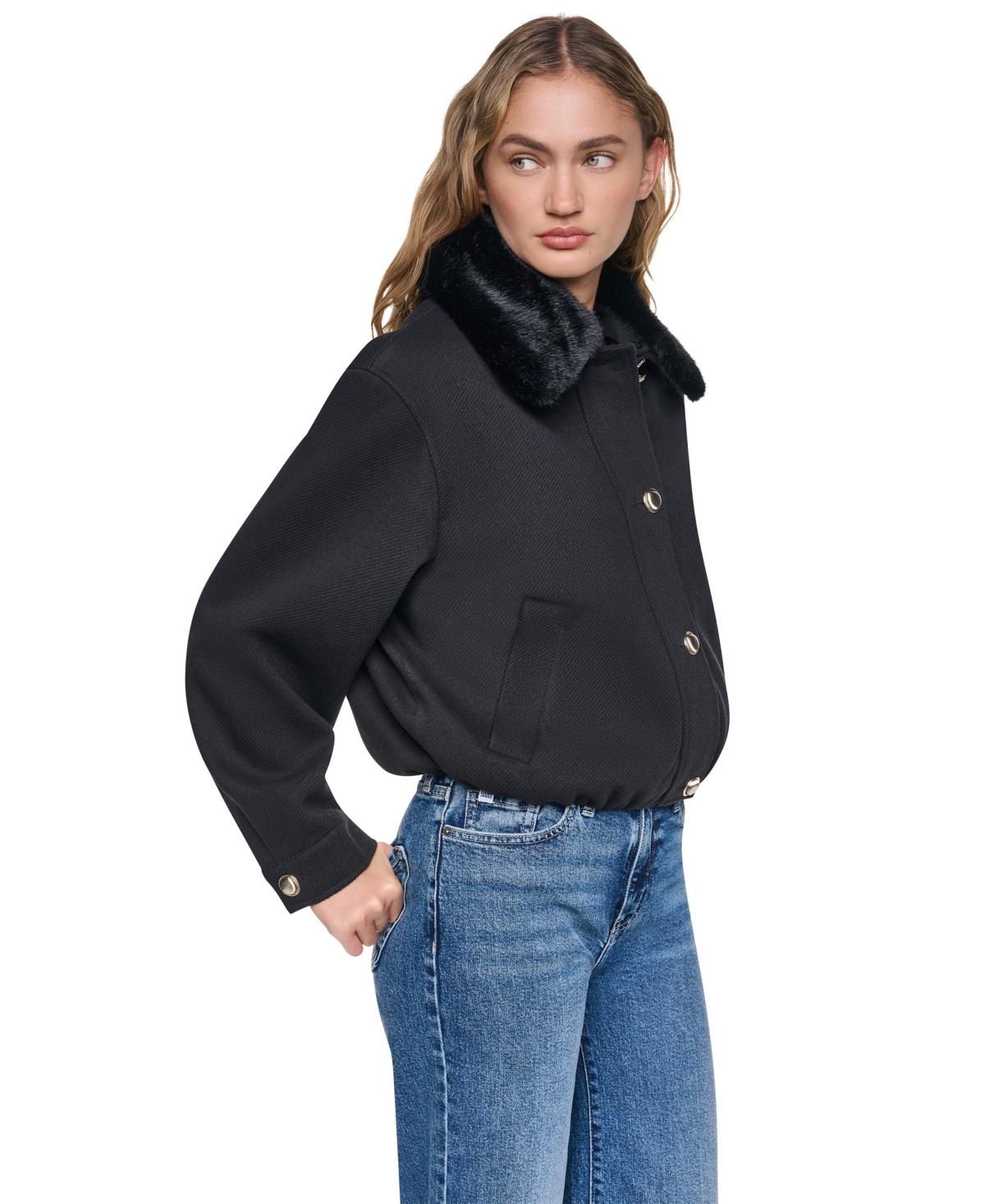 Dkny Women's Cropped Faux-Fur Collar Bomber Jacket