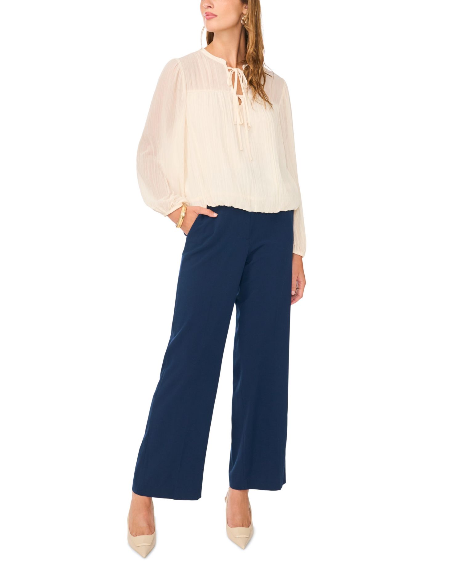 Women's Long-Sleeve Split-Neck Bubble-Hem Blouse