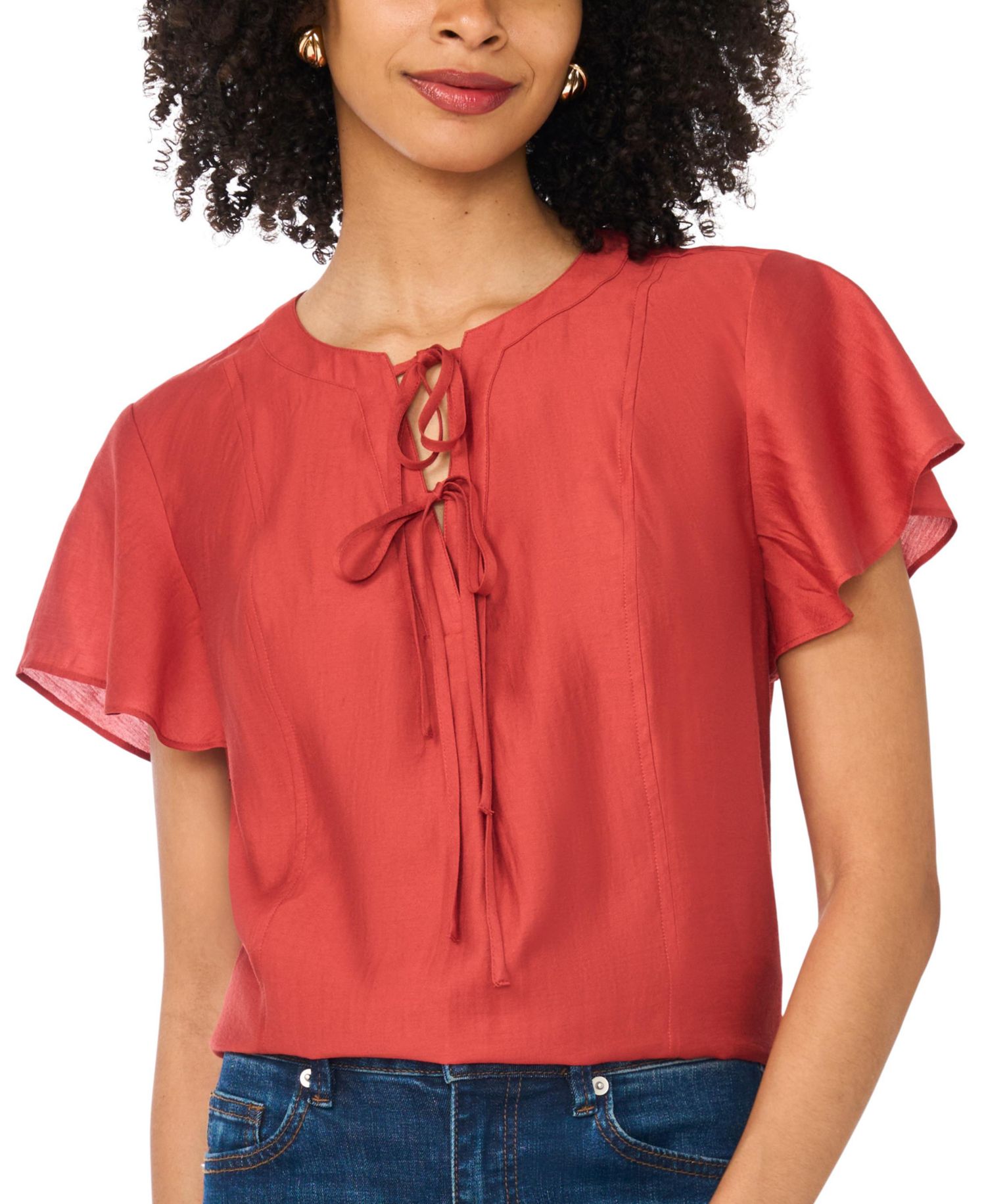 Women's Double Tie Raglan Short Flutter-Sleeve Blouse