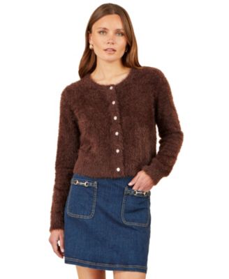 Women's Eyelash Knit Sparkle-Button Crew Neck Cardigan