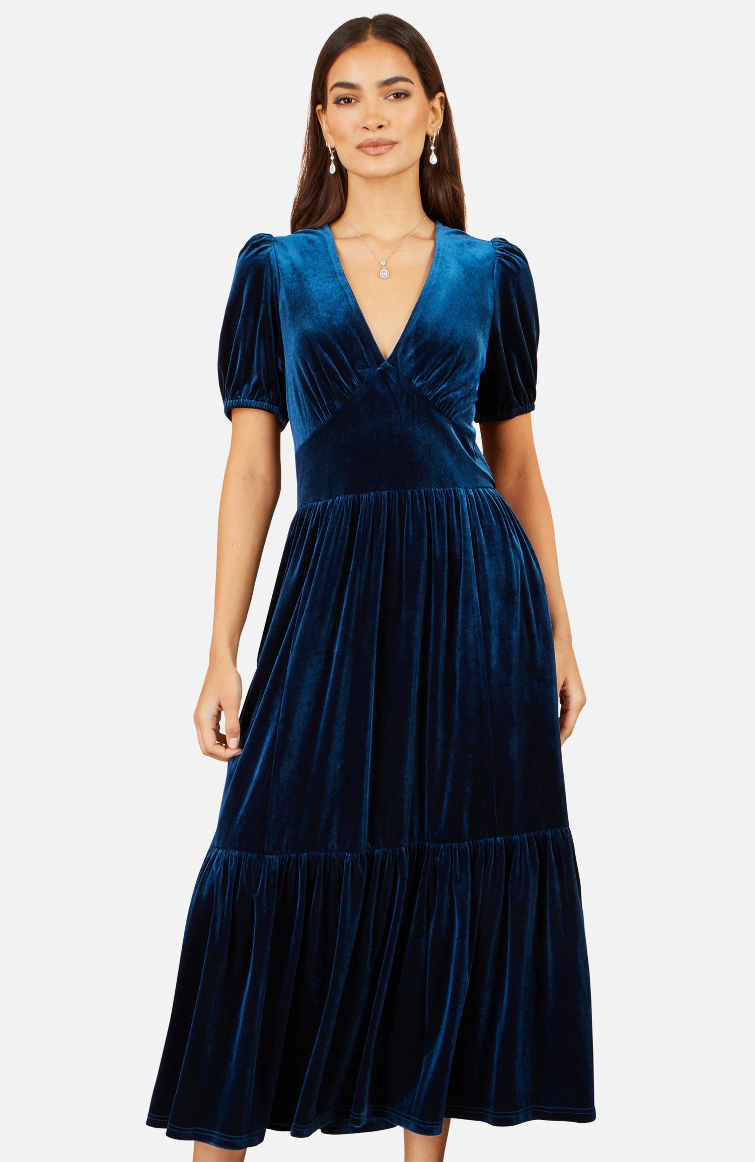 Women's Puff Sleeve V-Neck Velvet Midi Dress