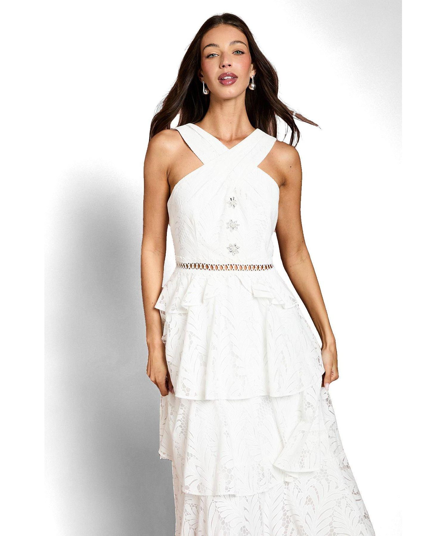Women's Tiered Lace Halter Neck Midi Dress