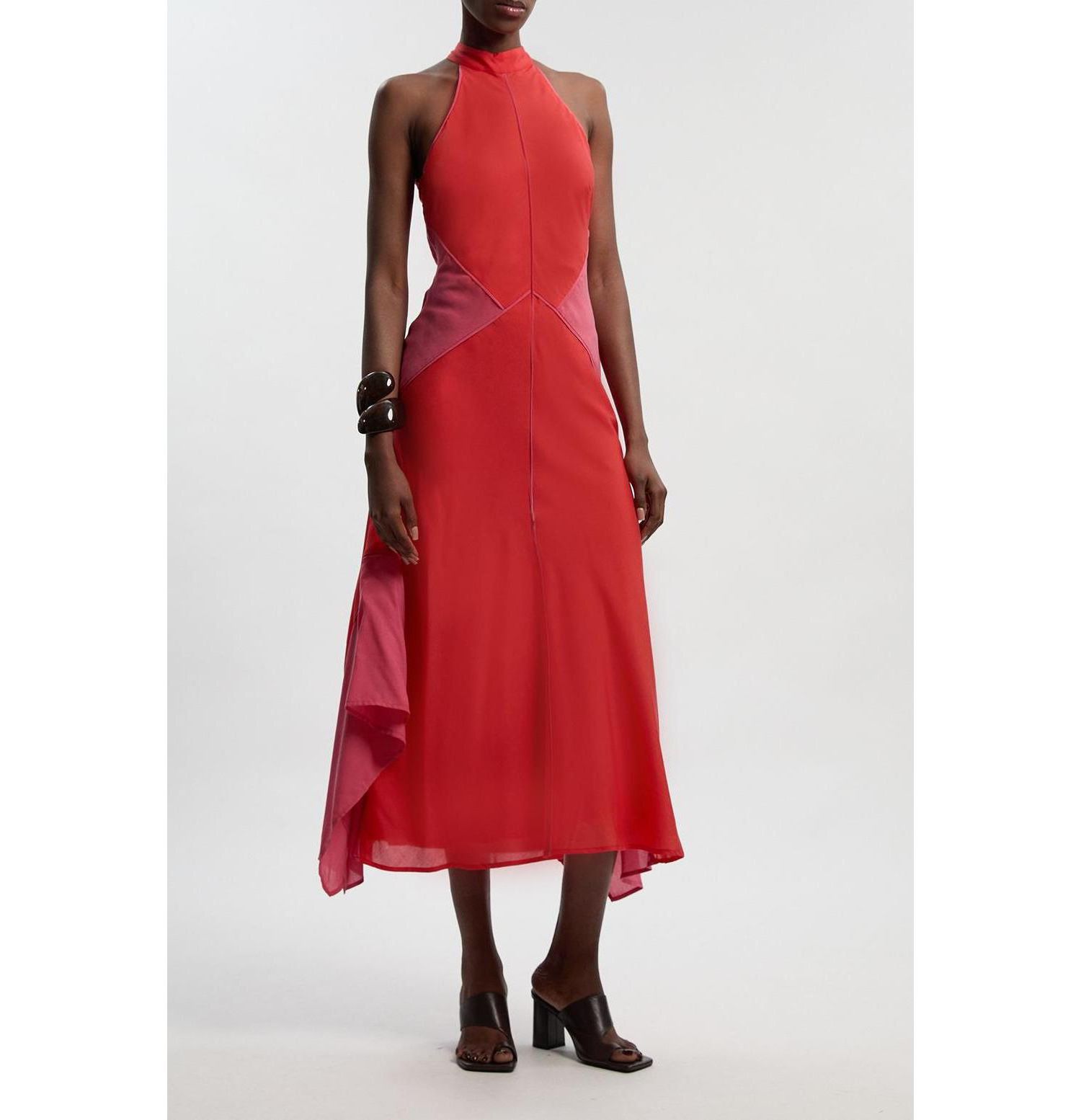 Women's Block Halter Midi A-Line Dress
