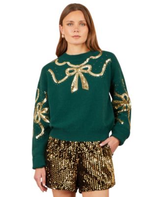 Women's Sequin Bow Long-Sleeve Knit Sweater