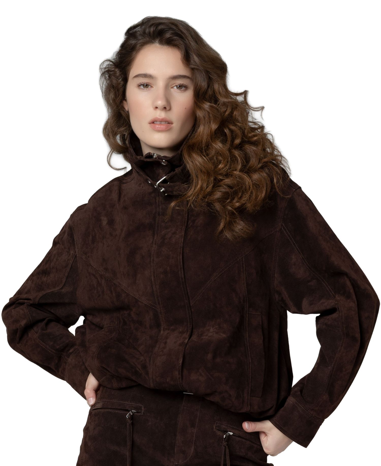 Women's Midnight Drift High Collar Suede Bomber Jacket
