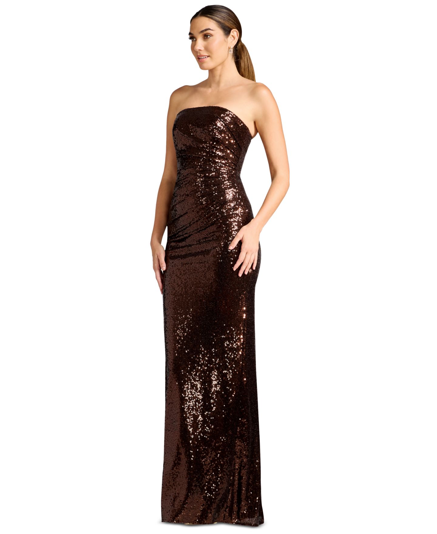 Женское платье Dress the Population Strapless Ruched Sequin Sheath Gown, цвет: Мокко — фото 7
