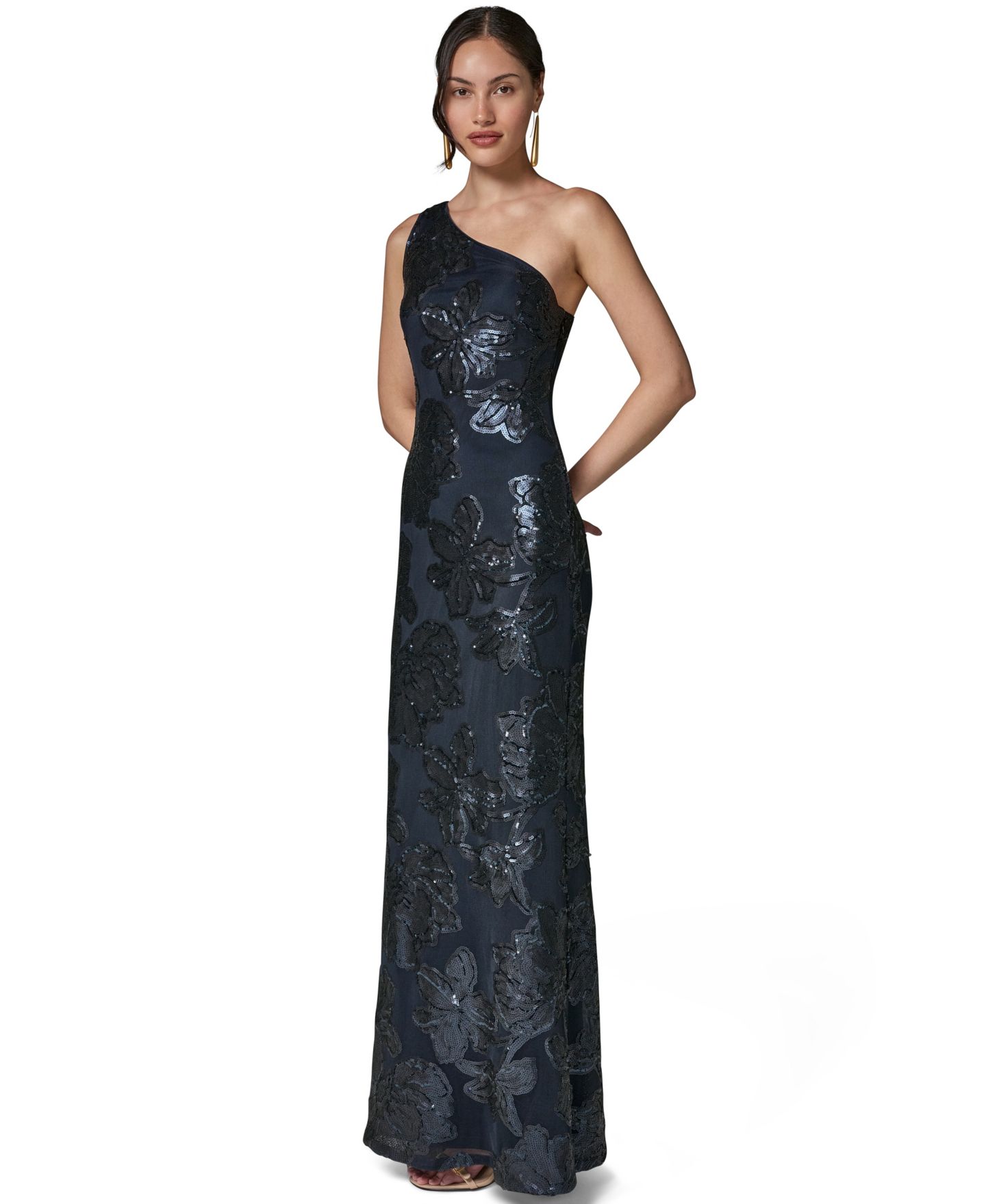 Женское платье Donna Karan New York One-Shoulder Floral-Sequin Gown, цвет: Nightfall — фото 2
