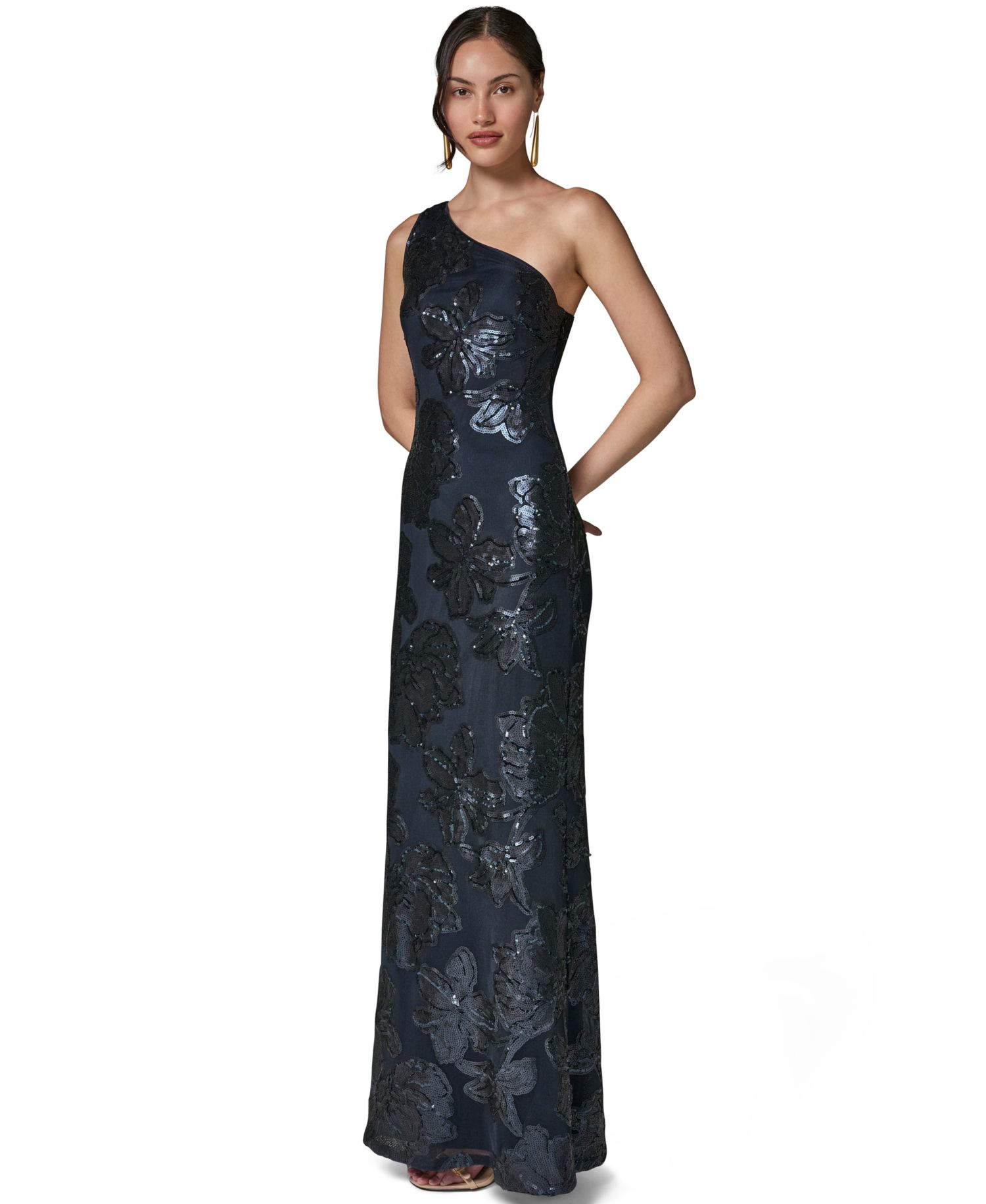 Women's One-Shoulder Floral-Sequin Gown