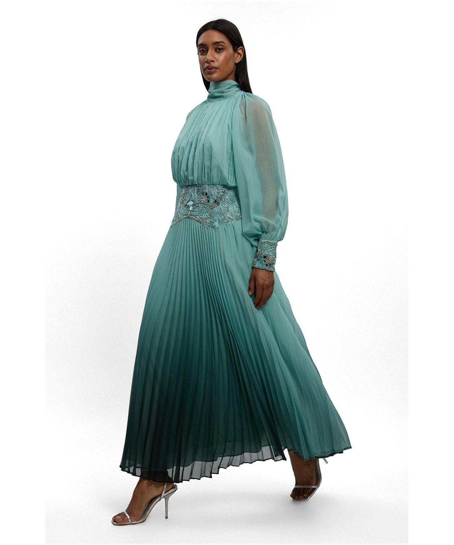Women's Long Sleeve High Neck Pleated Maxi Dress