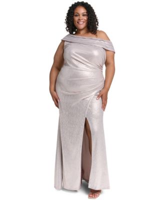 Plus Size One-Shoulder Metallic Front-Slit Gown