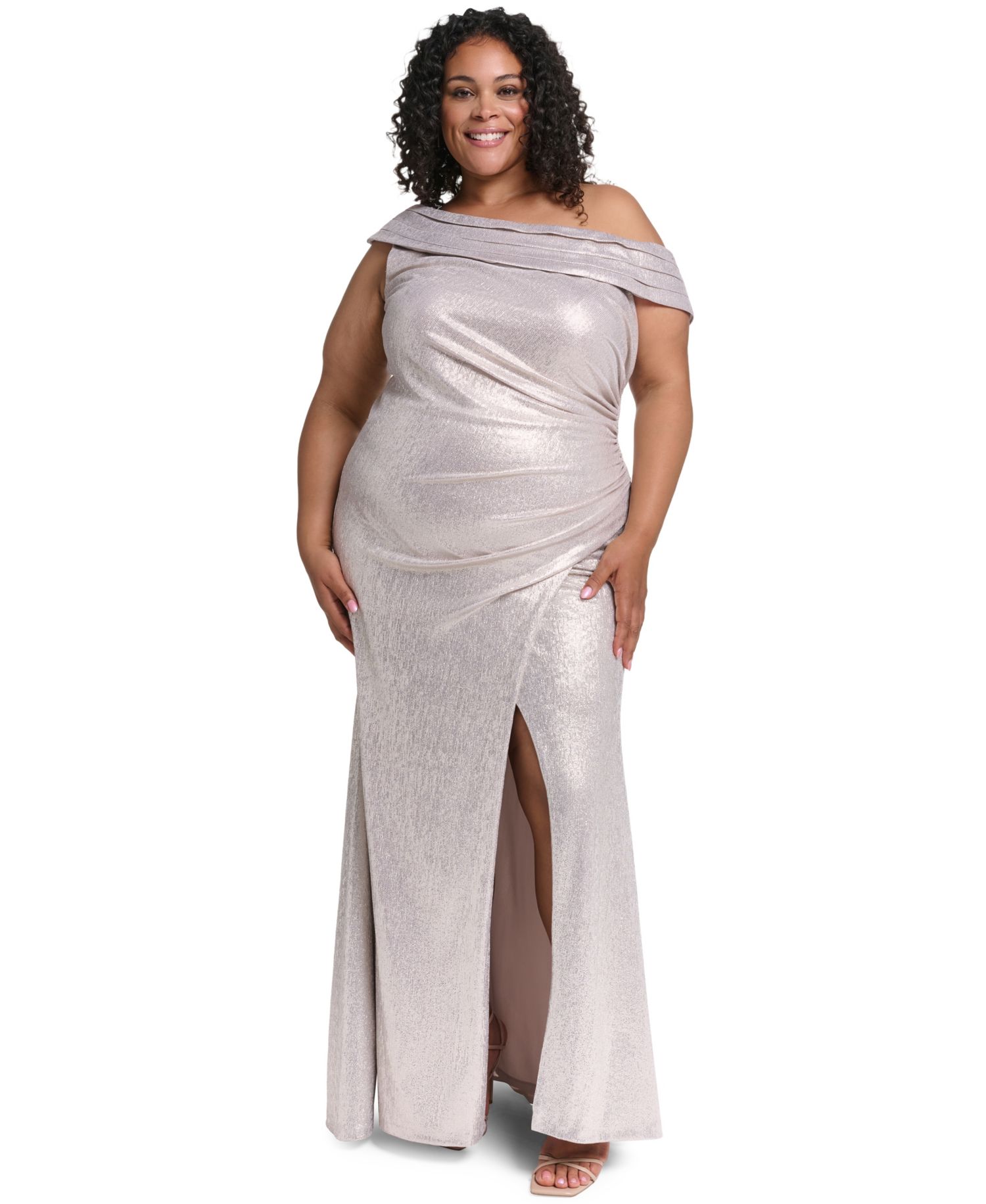 Plus Size One-Shoulder Metallic Front-Slit Gown