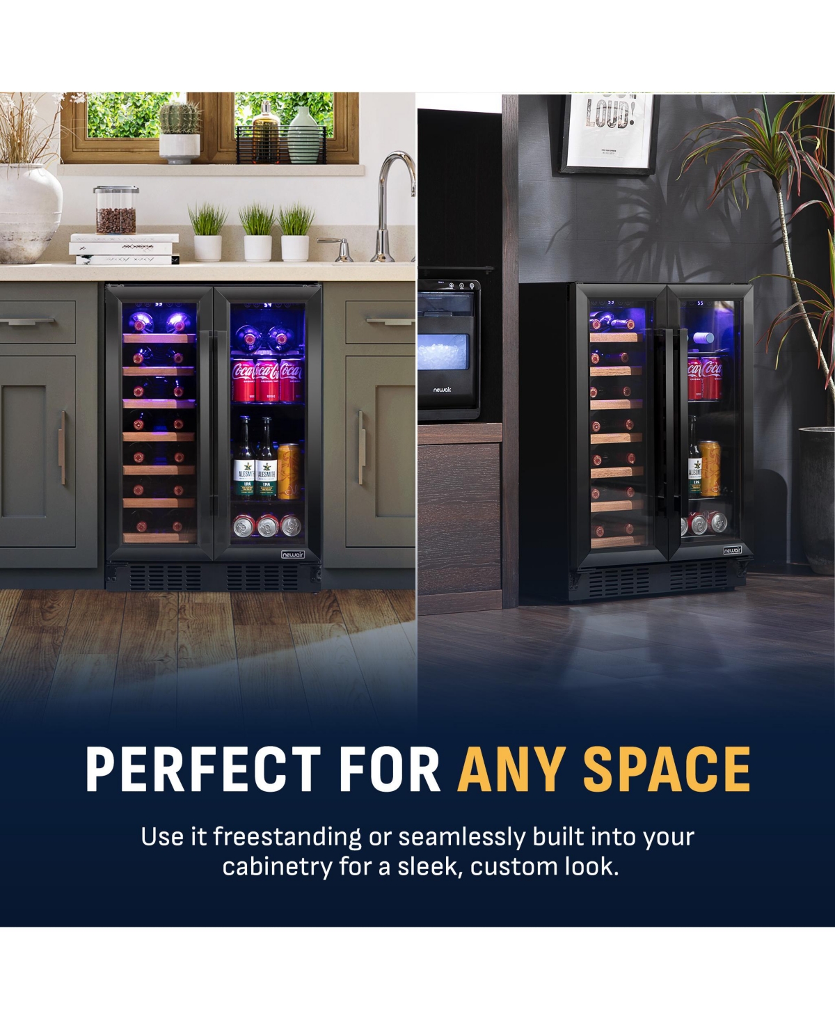 Newair Dual Zone 24 in. Built-In 20 Bottle and 78 Can Wine and Beverage Cooler with French Doors - Black Stainless Steel
