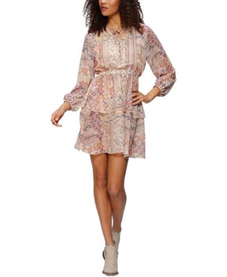 Women's Printed Tie Neck Ruffled Ruffle-Trim V-Neck Short Dress
