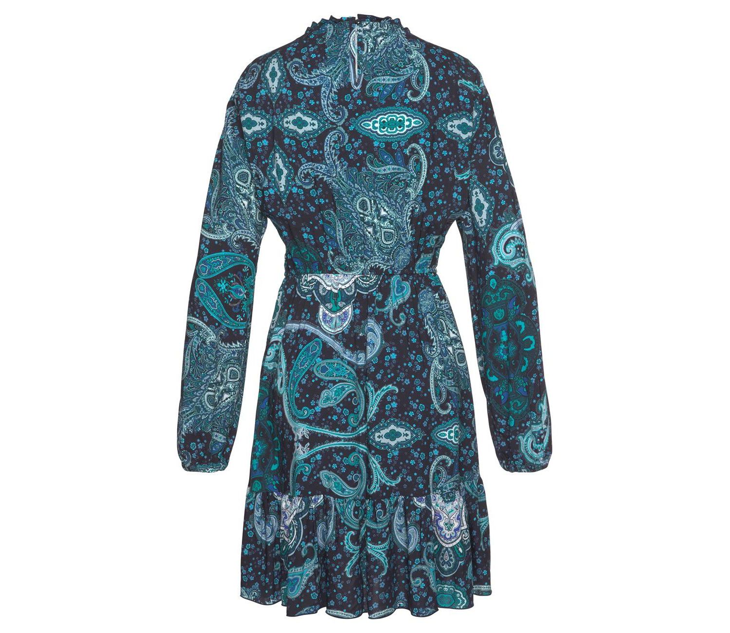 Women's Viscose Paisley Print High Neck Ruffle-Trim Short Dress