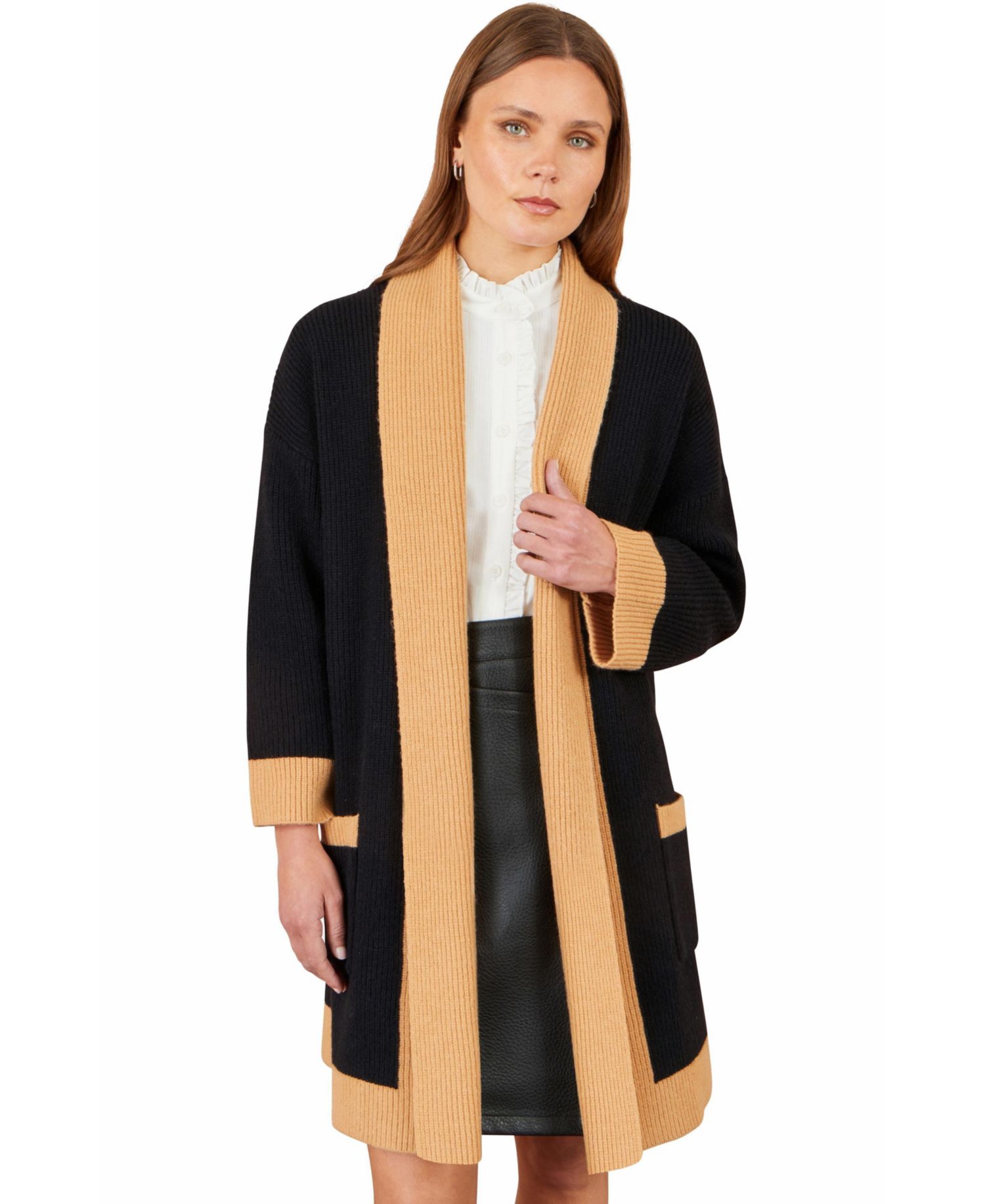 Women's Longline Ribbed Border Open Cardigan