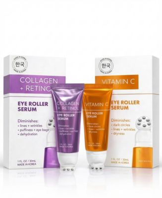 Korean Skincare Eye Roller Serum Duo - Collagen + Retinol and Vitamin C Brightening Under Eye Treatment Set
