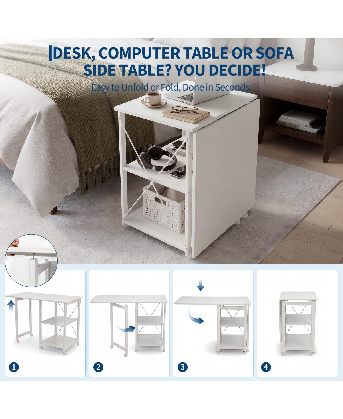 Gaomon 31.5" Rolling Folding Desk with Storage Shelf and Side Organizer, Space-Saving Computer Table