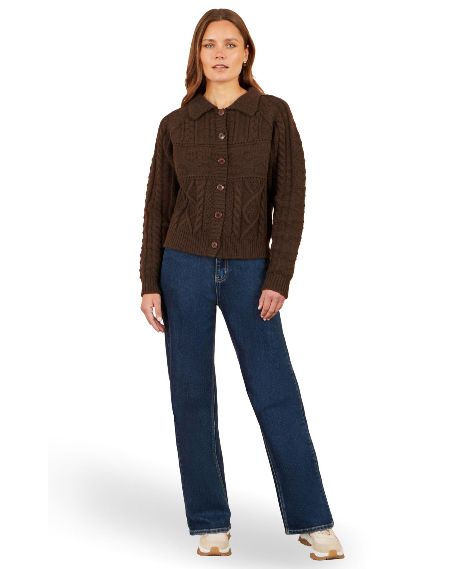 Women's Collared Cable-Knit Boxy Cardigan