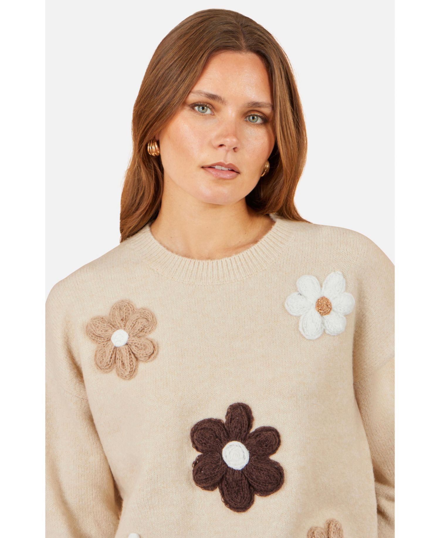 Women's Crochet Floral-Print Relaxed-Fit Sweater