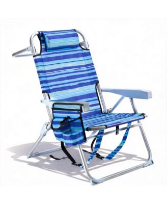 Beach Chair Lay Flat Reclining Towel Bar Pouch Cup Holder