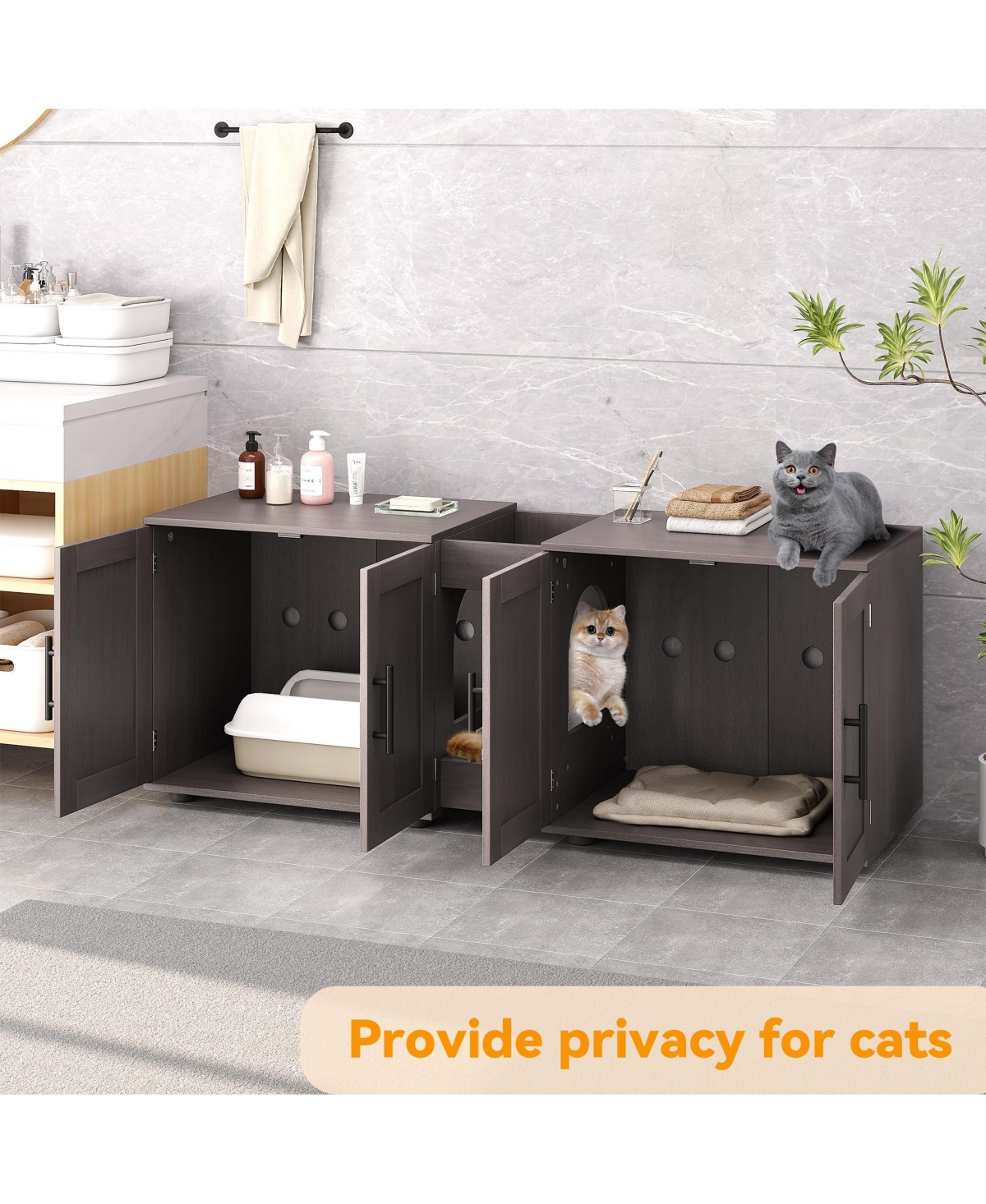 homfan Double Cat Litter Box Enclosure Furniture for 2 Cats, Hidden Wooden Cabinet with Dual Rooms, Barn Doors, Storage and Waterproof Surface