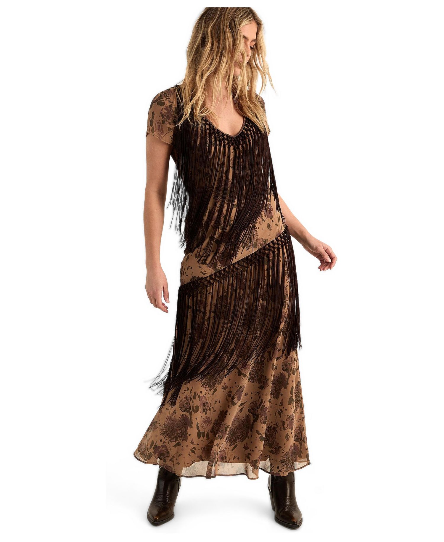 Women's Floral Chiffon Fringe Maxi Dress