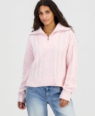 Juniors' Chenille Cable-Knit Quarter-Zip Long-Sleeve Sweater