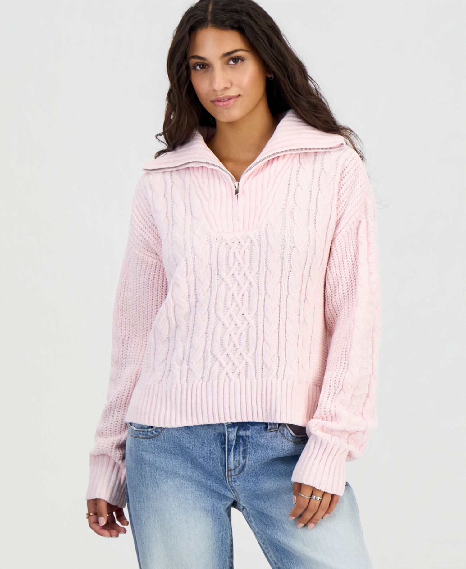Juniors' Cable-Knit Quarter-Zip Long-Sleeve Sweater