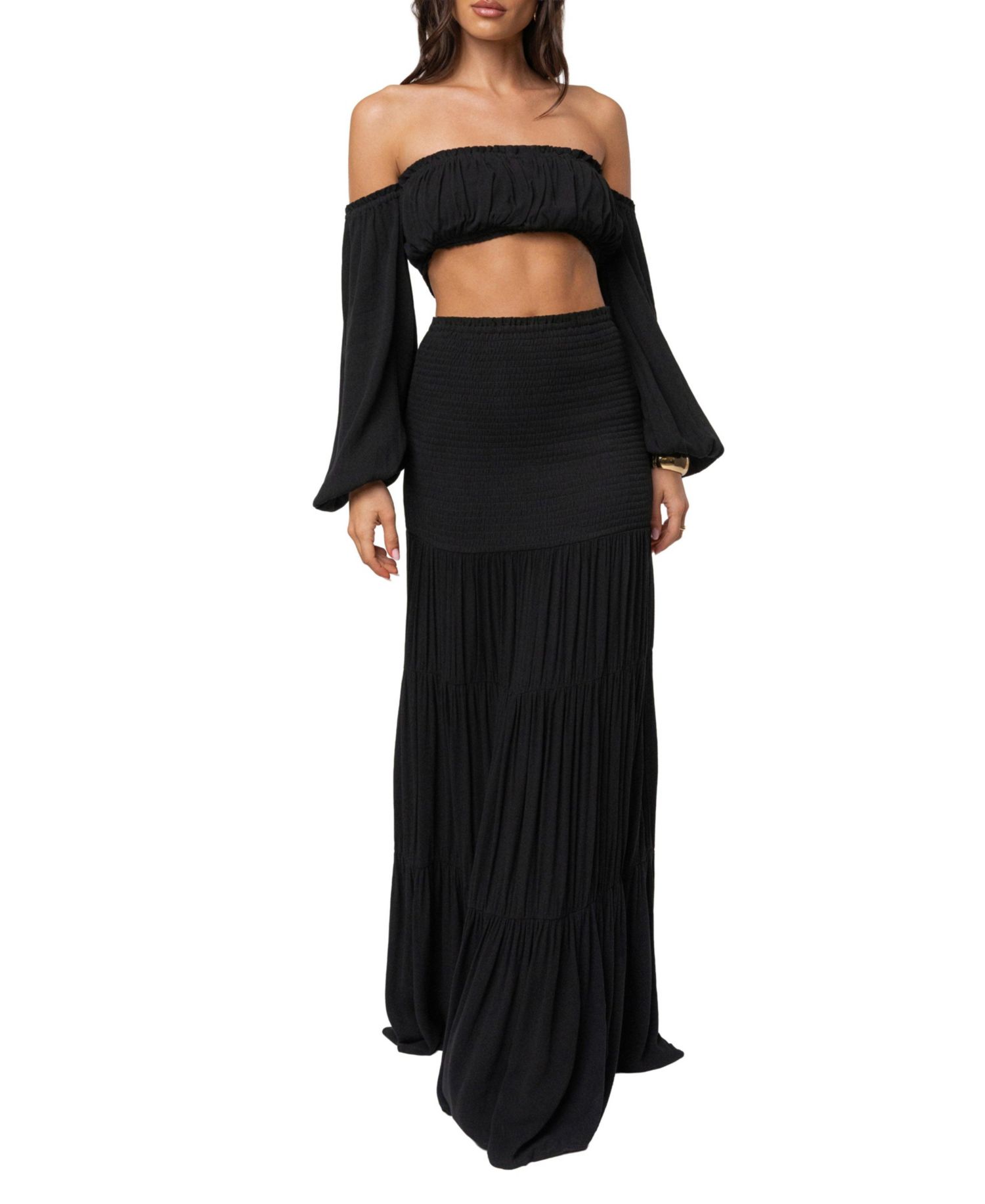 Women's Solana Off-the-Shoulder Long-Sleeve Viscose Crop Top and Maxi Skirt Set
