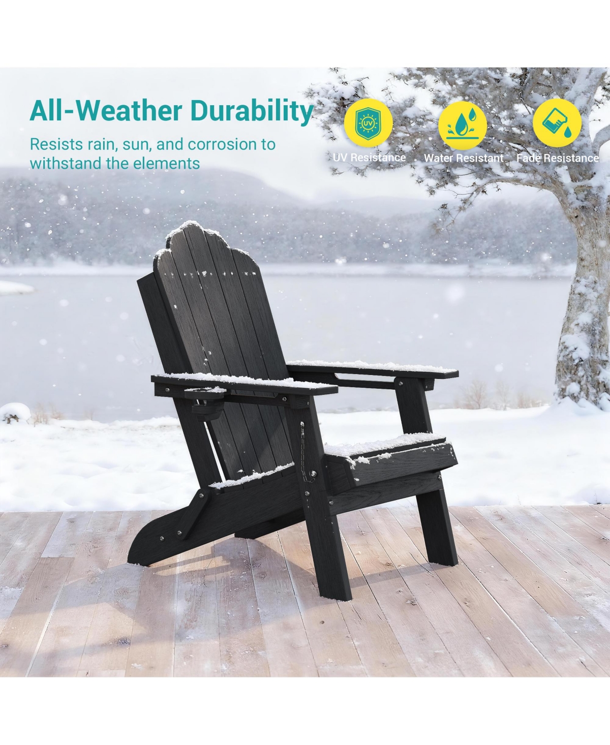 Sonkuki Folding Adirondack Chair with Retractable Cup Holder, Hdpe Fire Pit Patio Seating, Heavy Duty Outdoor Lawn Furniture, 350 lbs Capacity