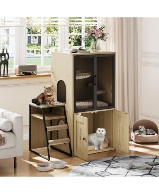Double Cat Litter Box Enclosure with Hammock, Sisal Scratching Post, Movable Ladder and Metal Mesh Door Hidden Cat Washroom
