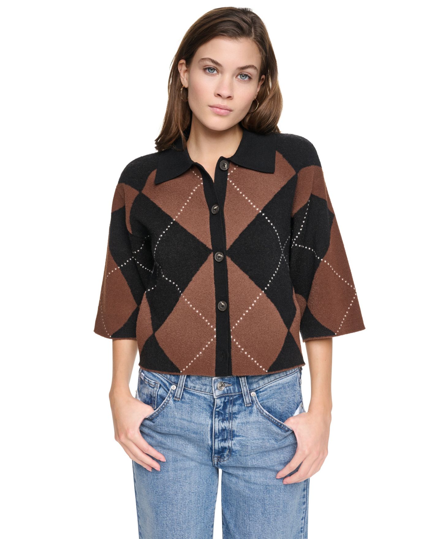 Женский кардиган DKNY Jeans Petite Argyle Collared, цвет: Чёрный / Каштановый — фото 10