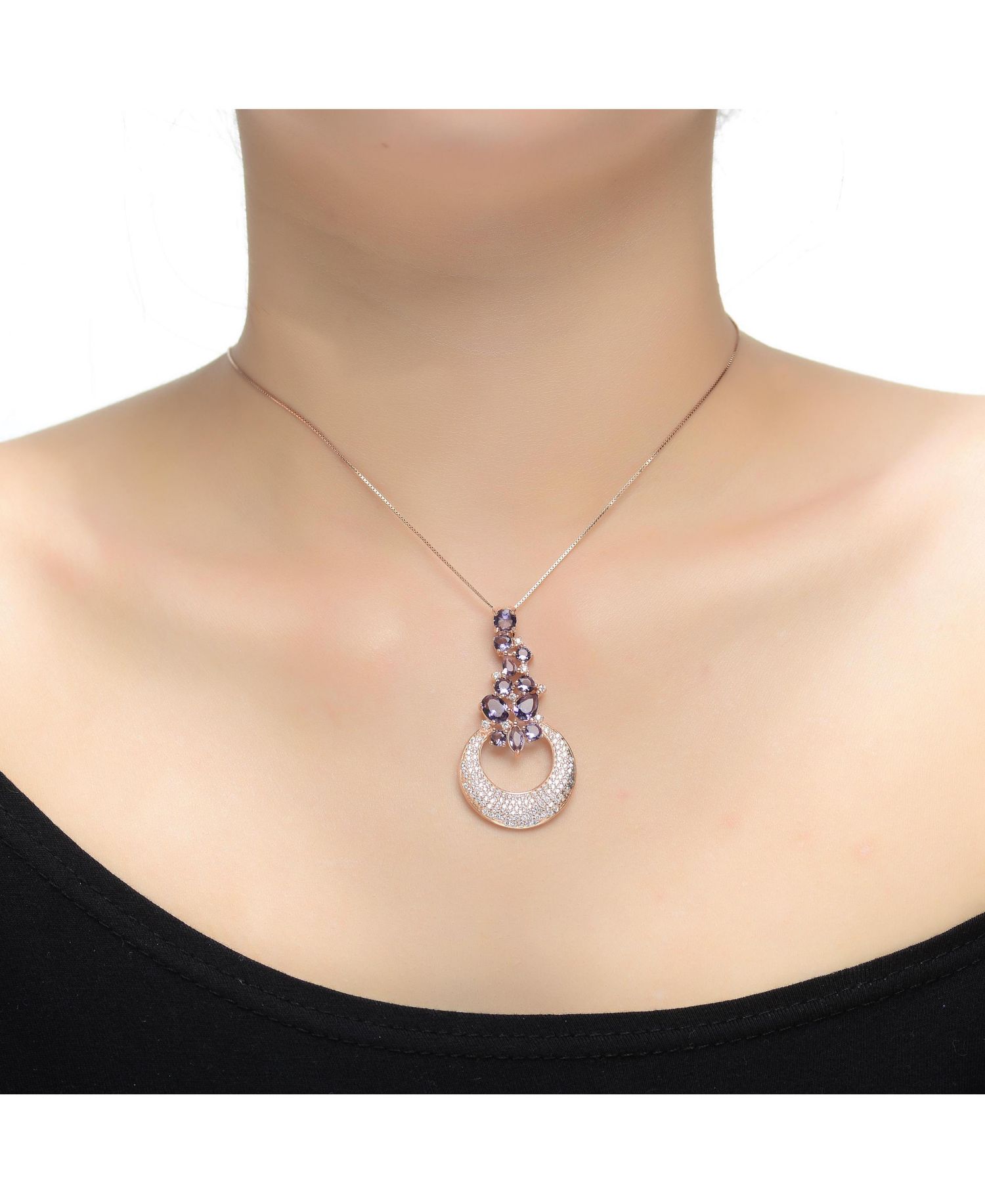 18K Rose Gold Plated Purple CZ Crescent Moon Pendant Necklace