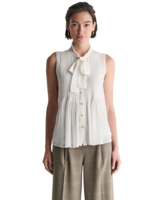 Women's Sleeveless Tie-Neck Button-Front Blouse