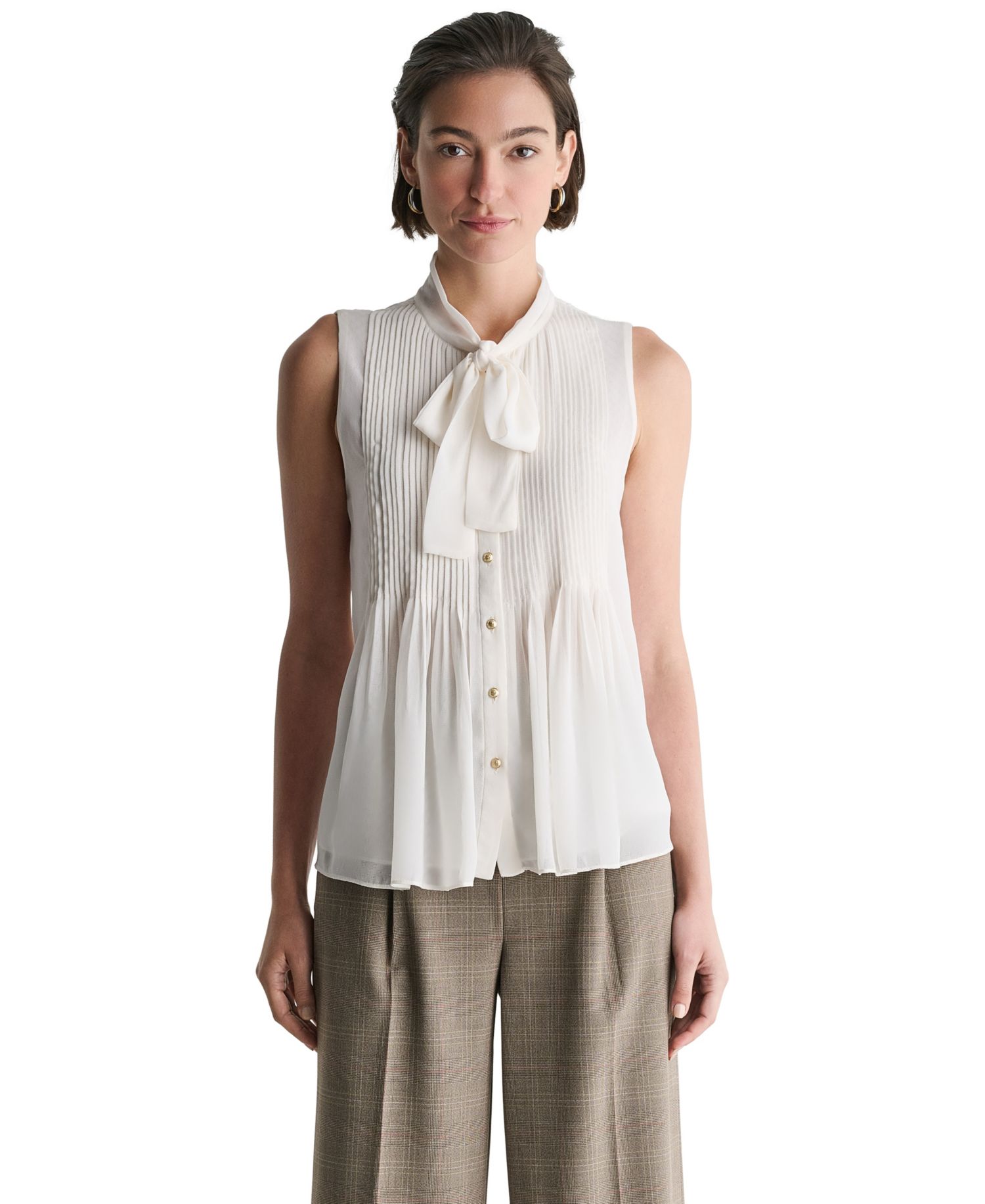 Women's Sleeveless Tie-Neck Button-Front Blouse