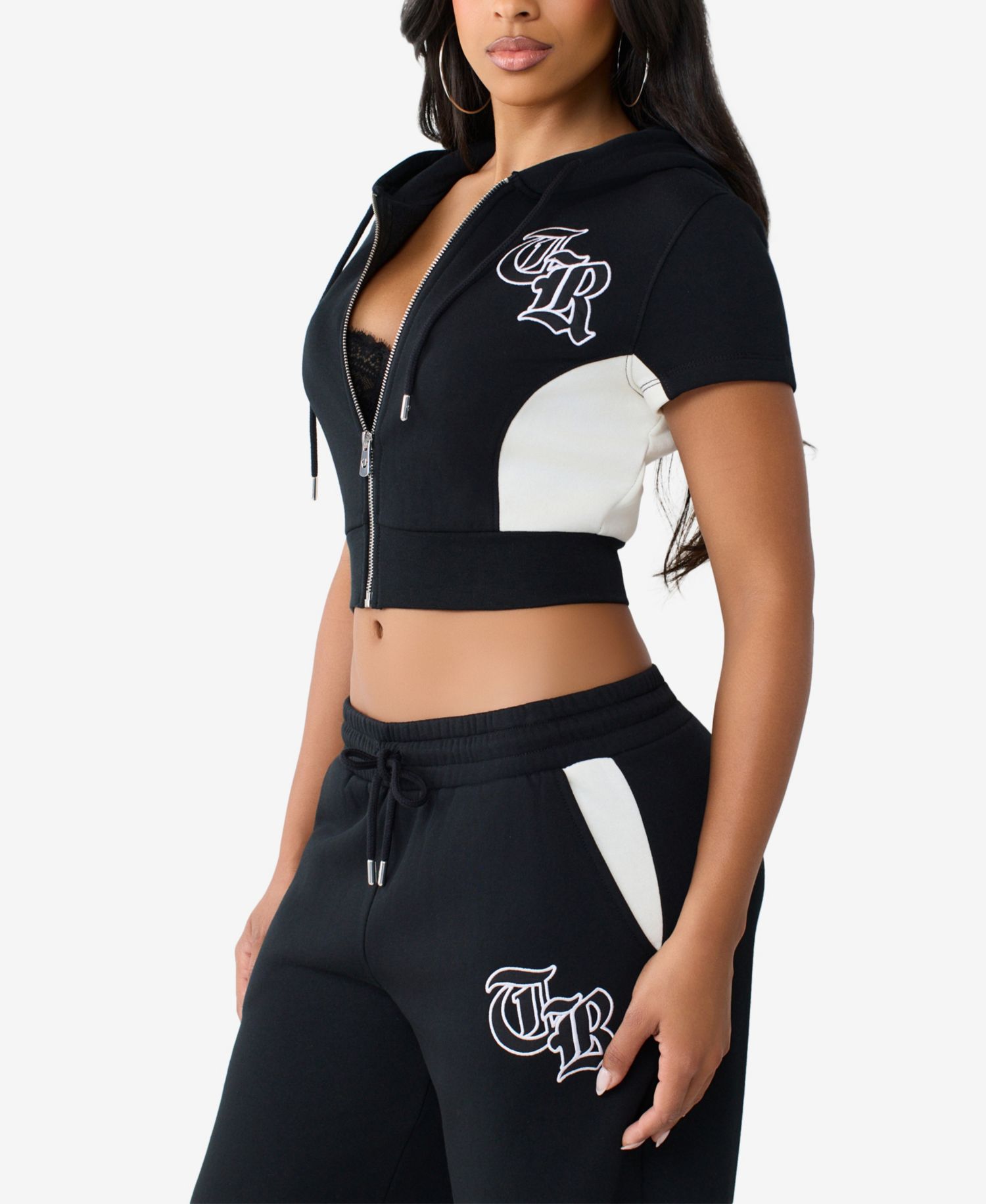 Women's Colorblock Short-Sleeve Cropped Zip Hoodie